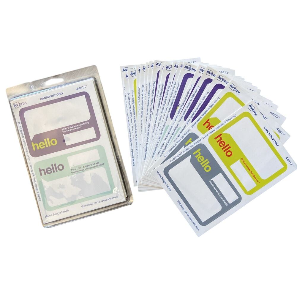 Avery Adhesive Name Badge 2 1/3"x 3-3/8" Ice Breaker Questions. Two Packs of 18.
